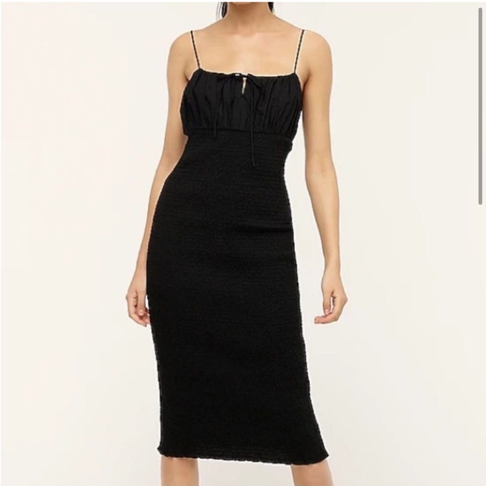 NWT J.Crew Smocked Tie-Front Black Linen Midi Dress – Size 4 - Picture 2 of 5